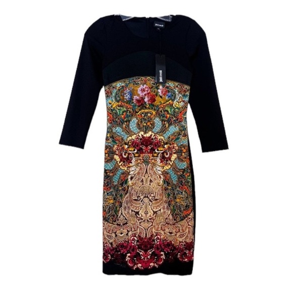 Just Cavalli Black Geometric Floral Designer Colorblock Bodycon Mini Dress XS - Picture 1 of 12